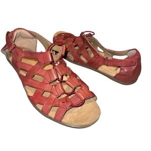 Earth Origins Womens Sz 11 Flat Leather Strappy Sandals Belle Bridget Regal Red